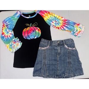 Unique Baby Pumpkin Outfit Set Girls 8Y Black Rainbow Tie Dye Ruffle Denim Skirt